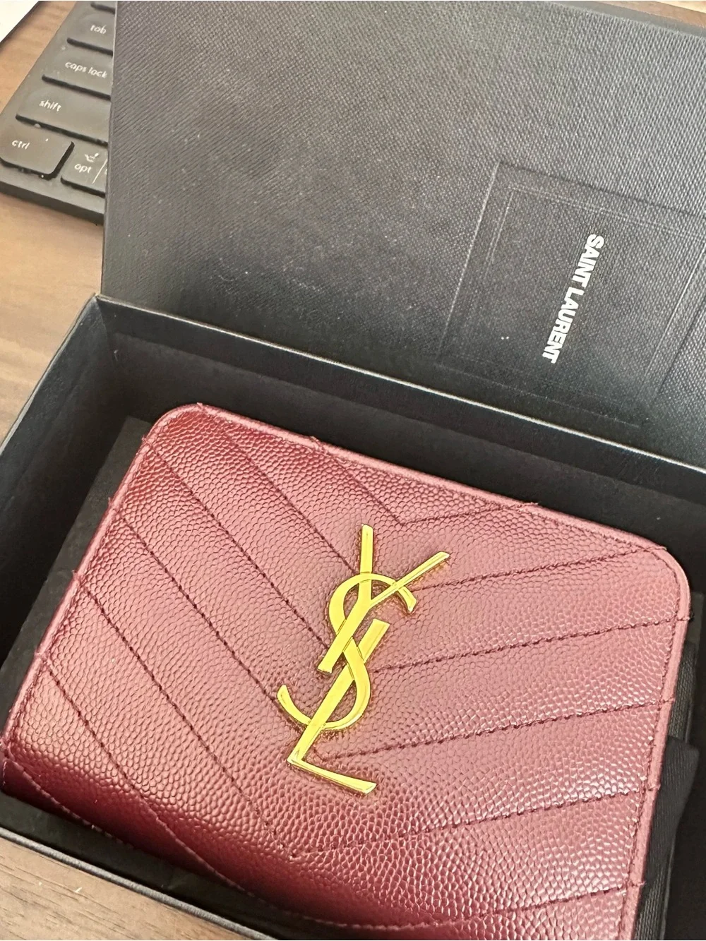 Saint Laurent Wine Red Leather Card & Key Holder with Gold YSL Emblem